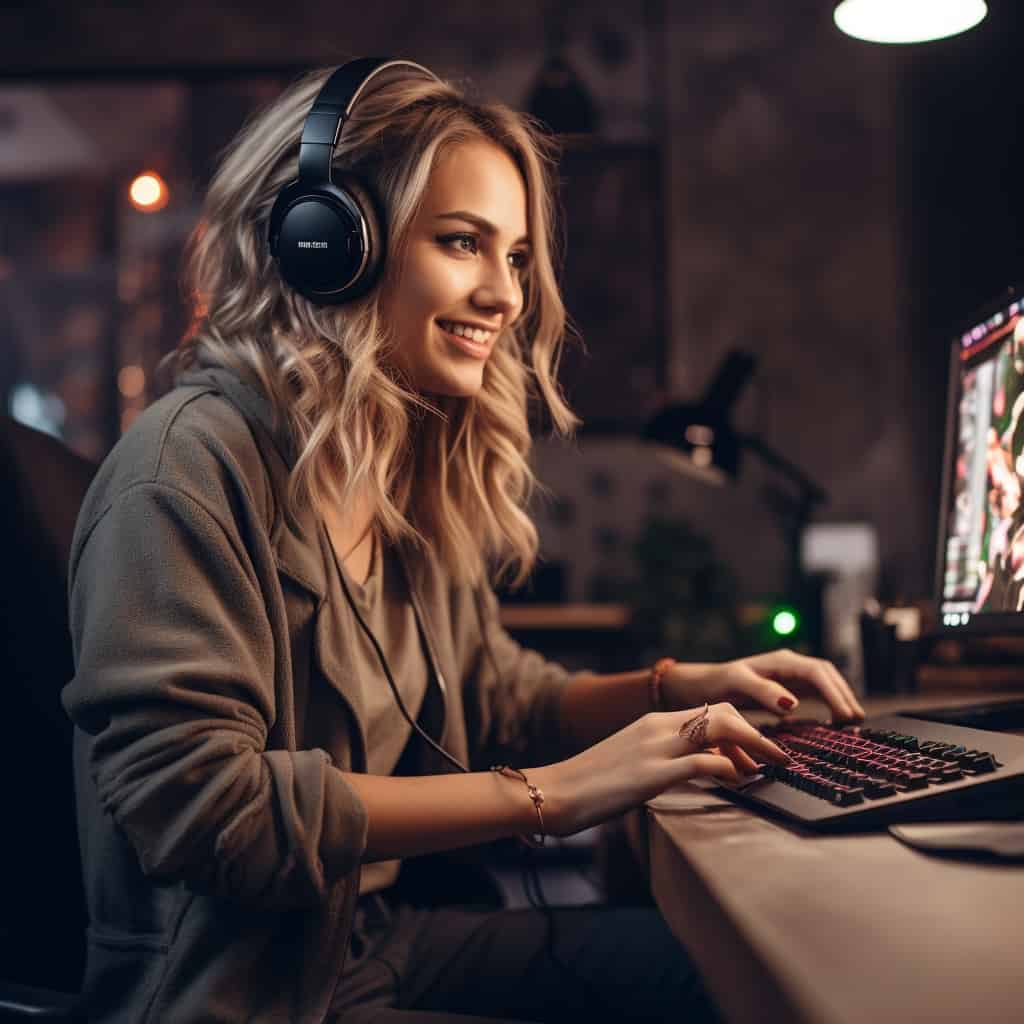 najlepsze słuchawki do komputera ranking - kobieta przy laptopie w przykładowym modelu nausznym