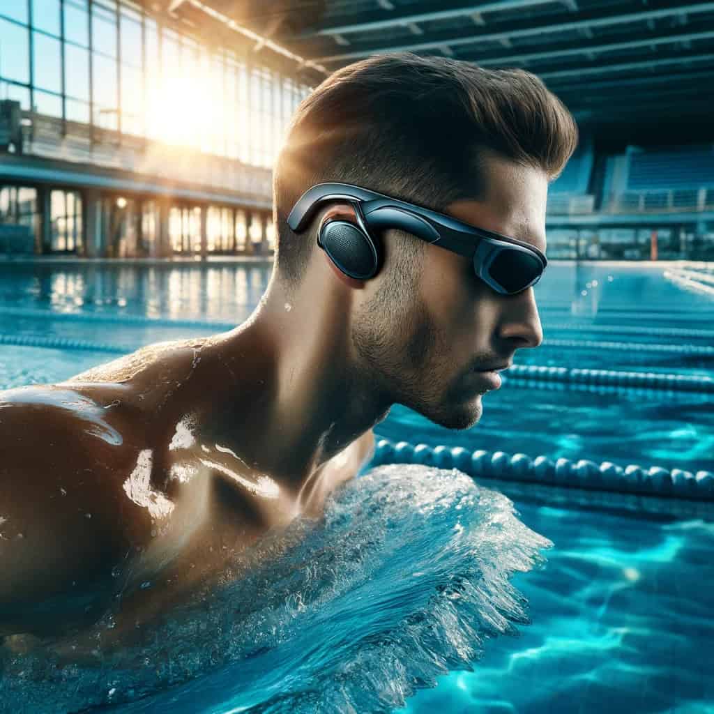 najlepsze słuchawki do pływania ranking - przykładowy model w uszach mężczyzny na basenie