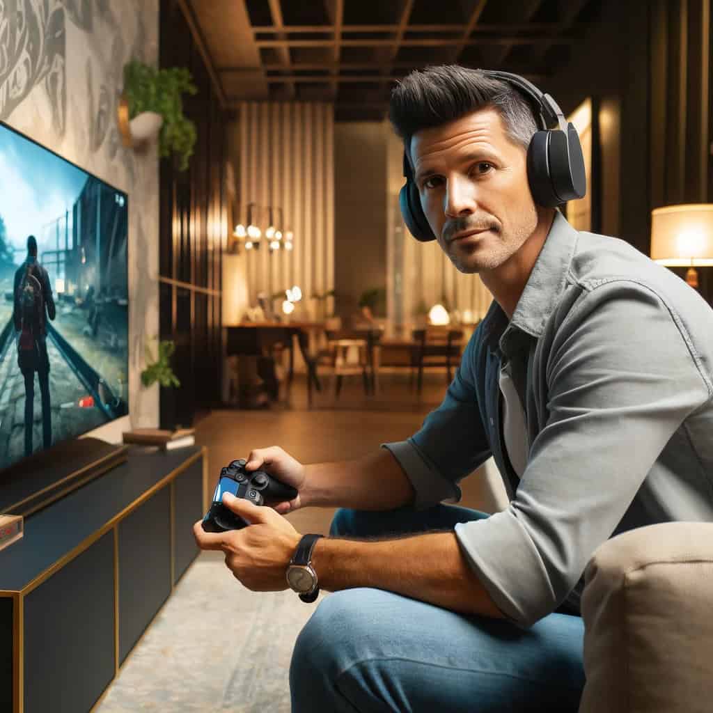 najlepsze słuchawki do ps5 - mężczyzna grający na konsoli w domu