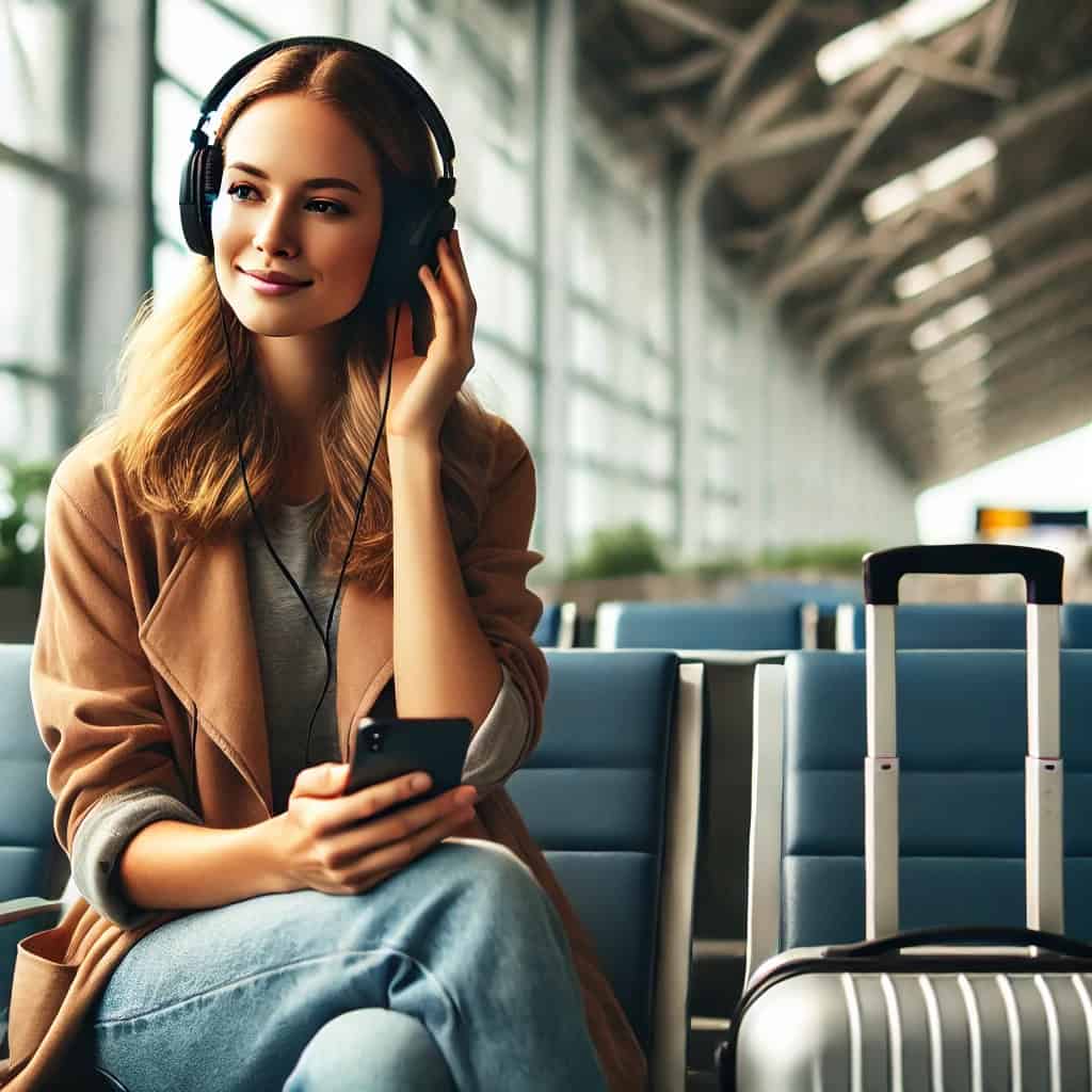 najlepsze słuchawki do słuchania muzyki do 300 zł na uszach kobiety z telefonem w ręku na lotnisku