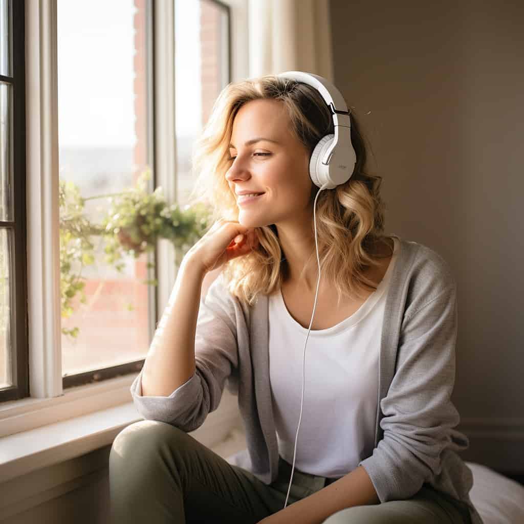 najlepsze słuchawki do słuchania muzyki - na głowie kobiety wyglądającej przez okno