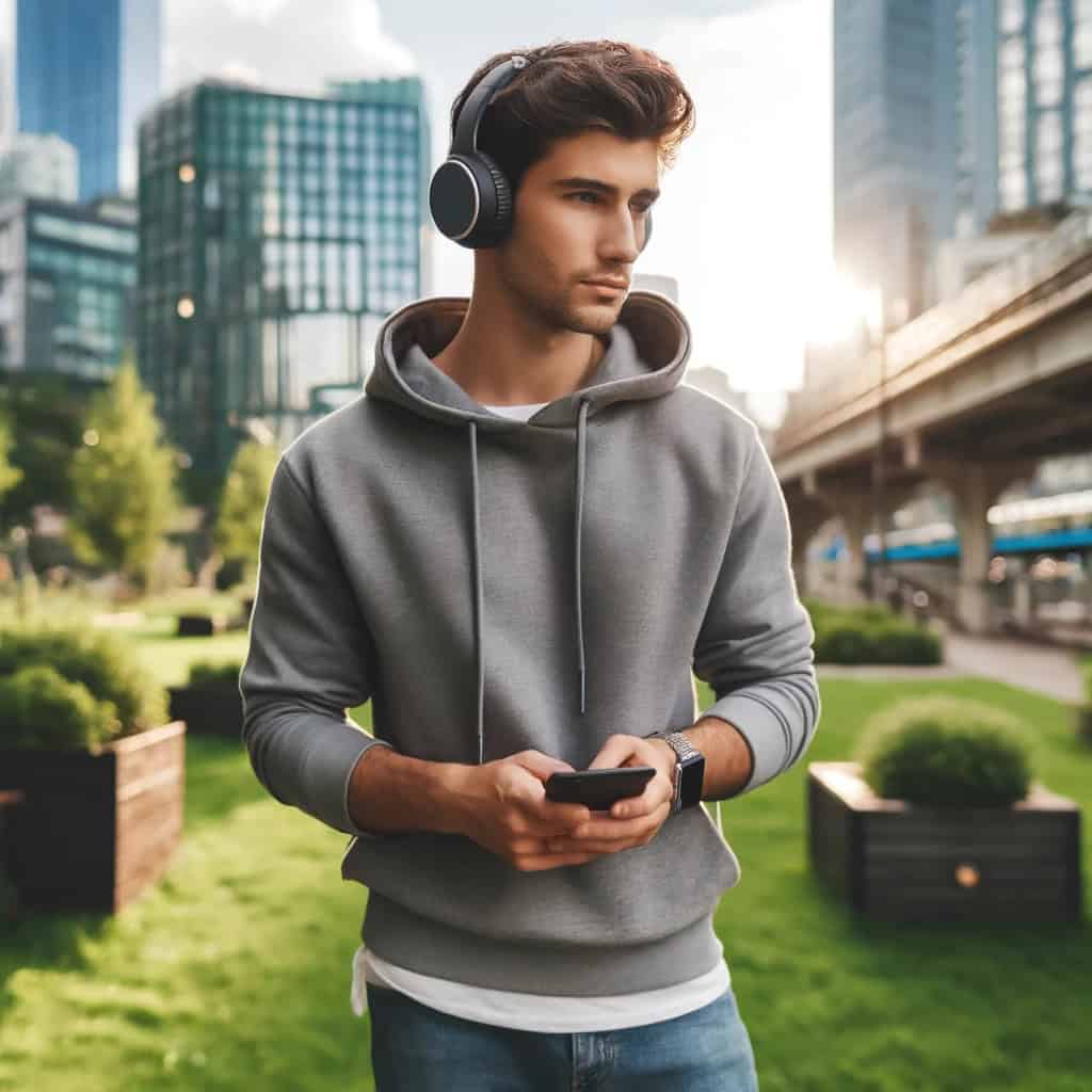 najlepsze słuchawki do smartfona na uszach chłopaka w bluzie z kapturem, który trzyma w ręku telefon