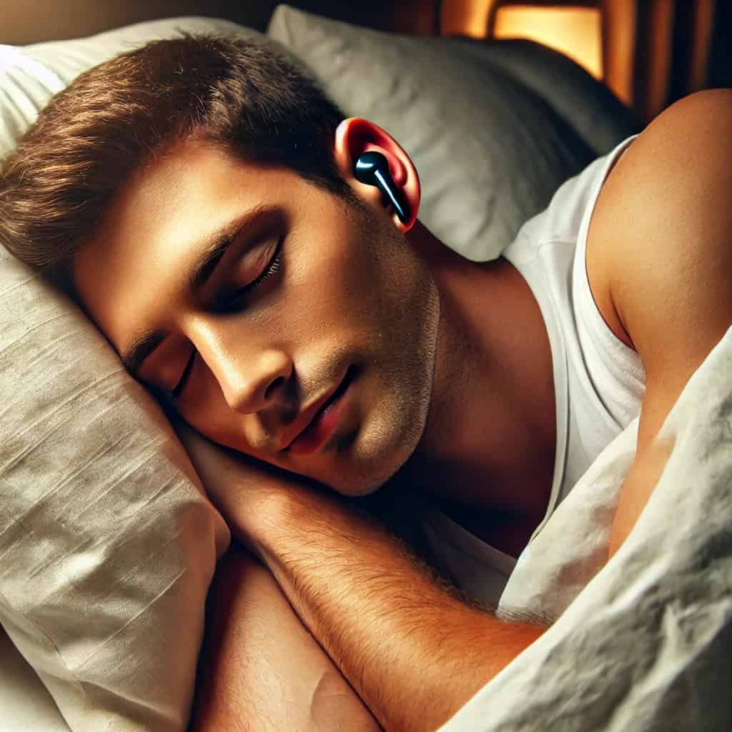 najlepsze słuchawki do spania w uszach śpiącego mężczyzny