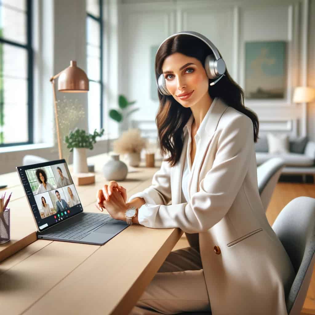 najlepsze słuchawki do teams - kobieta siedząca przed komputerem w dobrym modelu