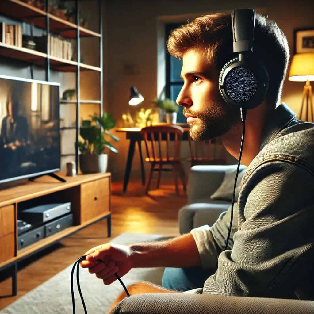 najlepsze słuchawki do telewizora z długim kablem na uszach mężczyzny oglądającego film