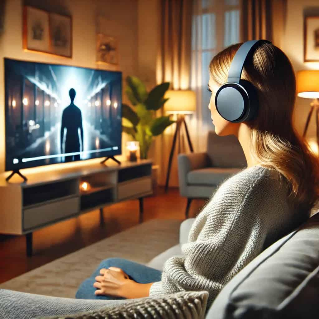 najlepsze słuchawki do telewizora - na uszach kobiety oglądającej film akcji
