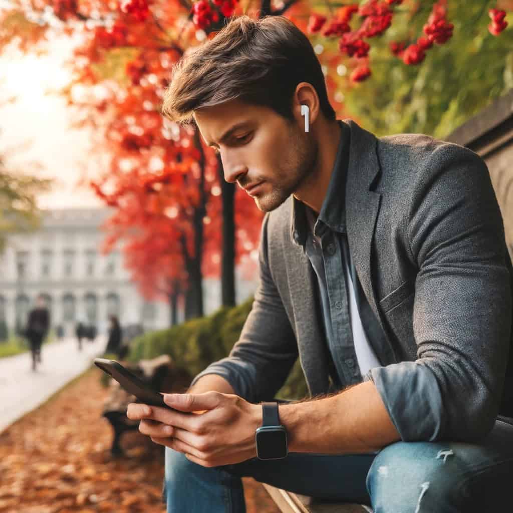 najlepsze słuchawki do telefonu ranking - mężczyzna z telefonem siedzi na ławce w parku w przykładowym modelu dousznym