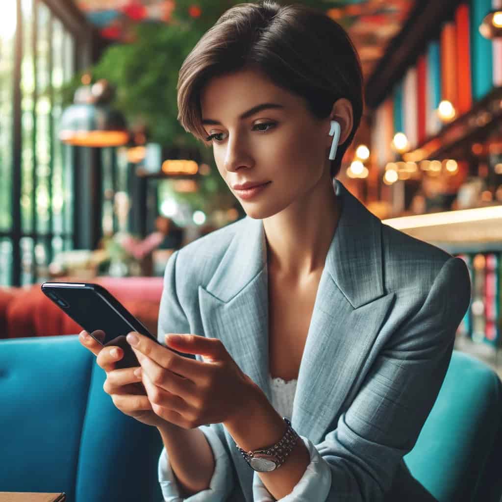 najlepsze słuchawki do telefonu - kobieta w przykładowym modelu siedzi w kawiarni z telefonem