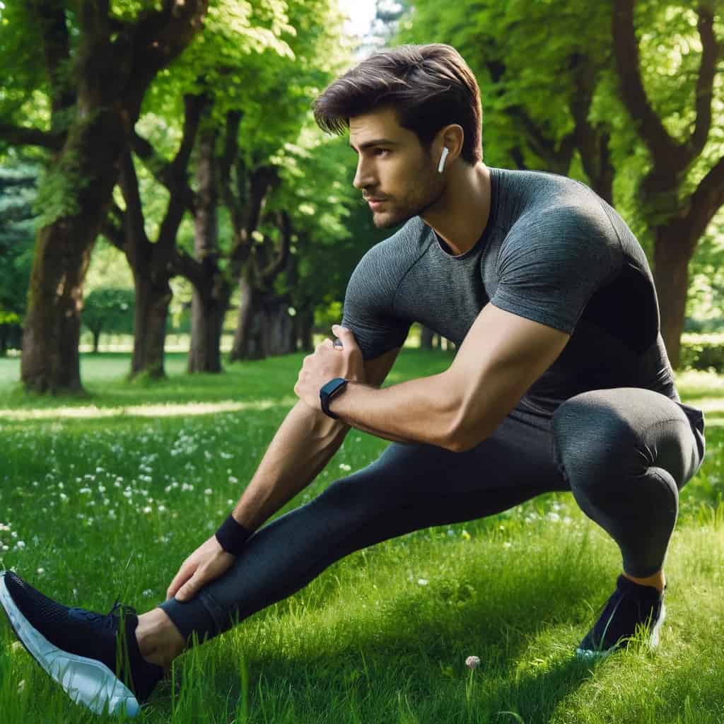 najlepsze słuchawki do treningu w uszach mężczyzny rozciągającego się w parku