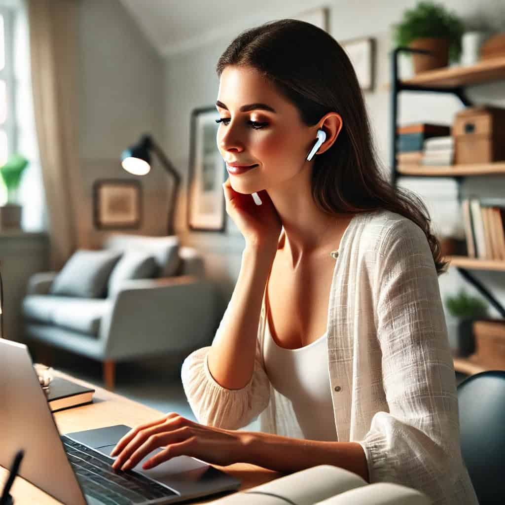 najlepsze słuchawki dokanałowe do 300 zł w uszach kobiety pracującej przy komputerze w domu