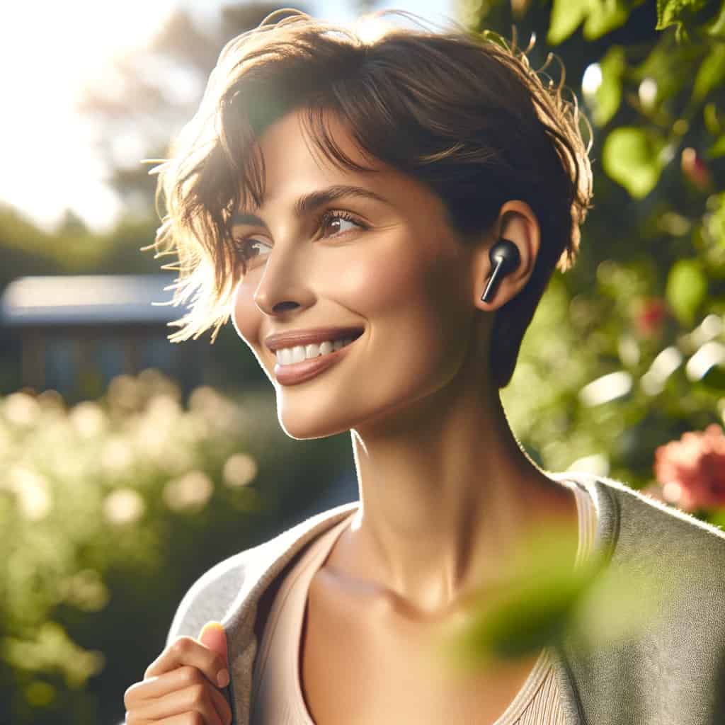 najlepsze słuchawki dokanałowe - ranking - przykładowy model w uszach uśmiechniętej kobiety