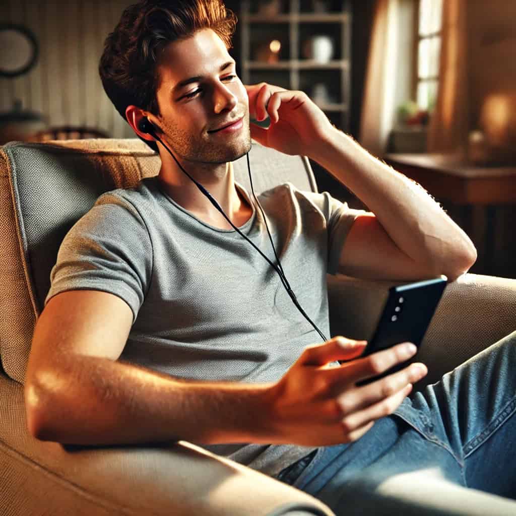 najlepsze słuchawki douszne do 100 zł w uszach mężczyzny, który siedzi na fotelu słuchając muzyki z telefonu