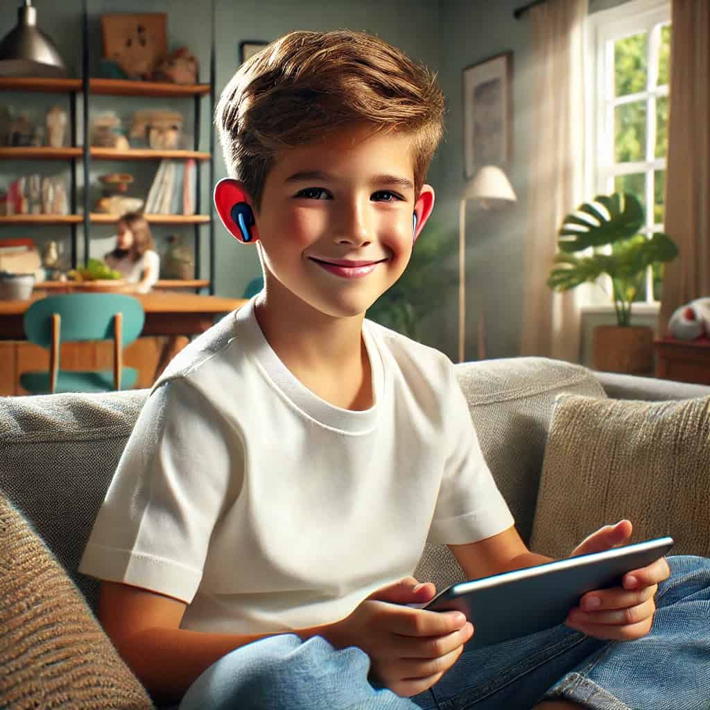 najlepsze słuchawki douszne dla dzieci w uszach chłopca, który siedzi na sofie z tabletem