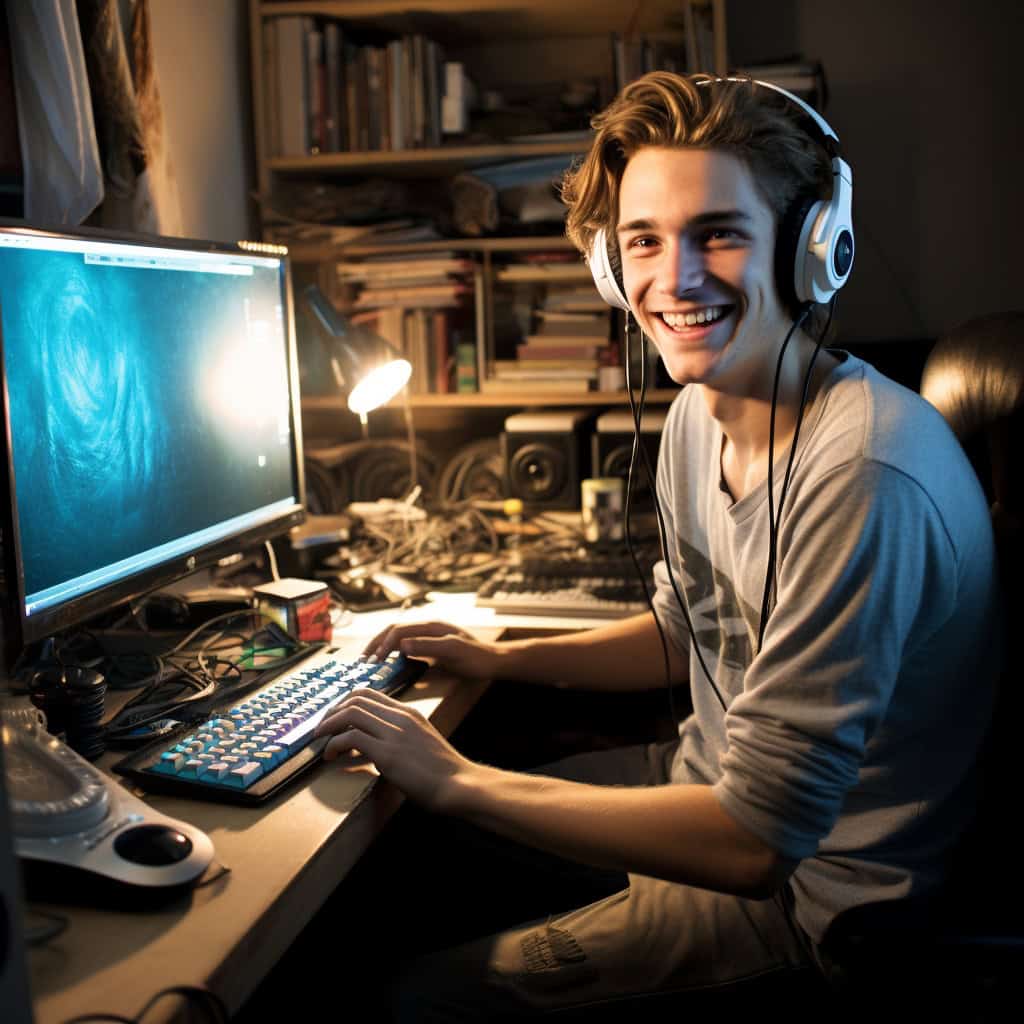 najlepsze słuchawki gamingowe z mikrofonem - przykładowy model nauszny na głowie mężczyzny grającego na komputerze