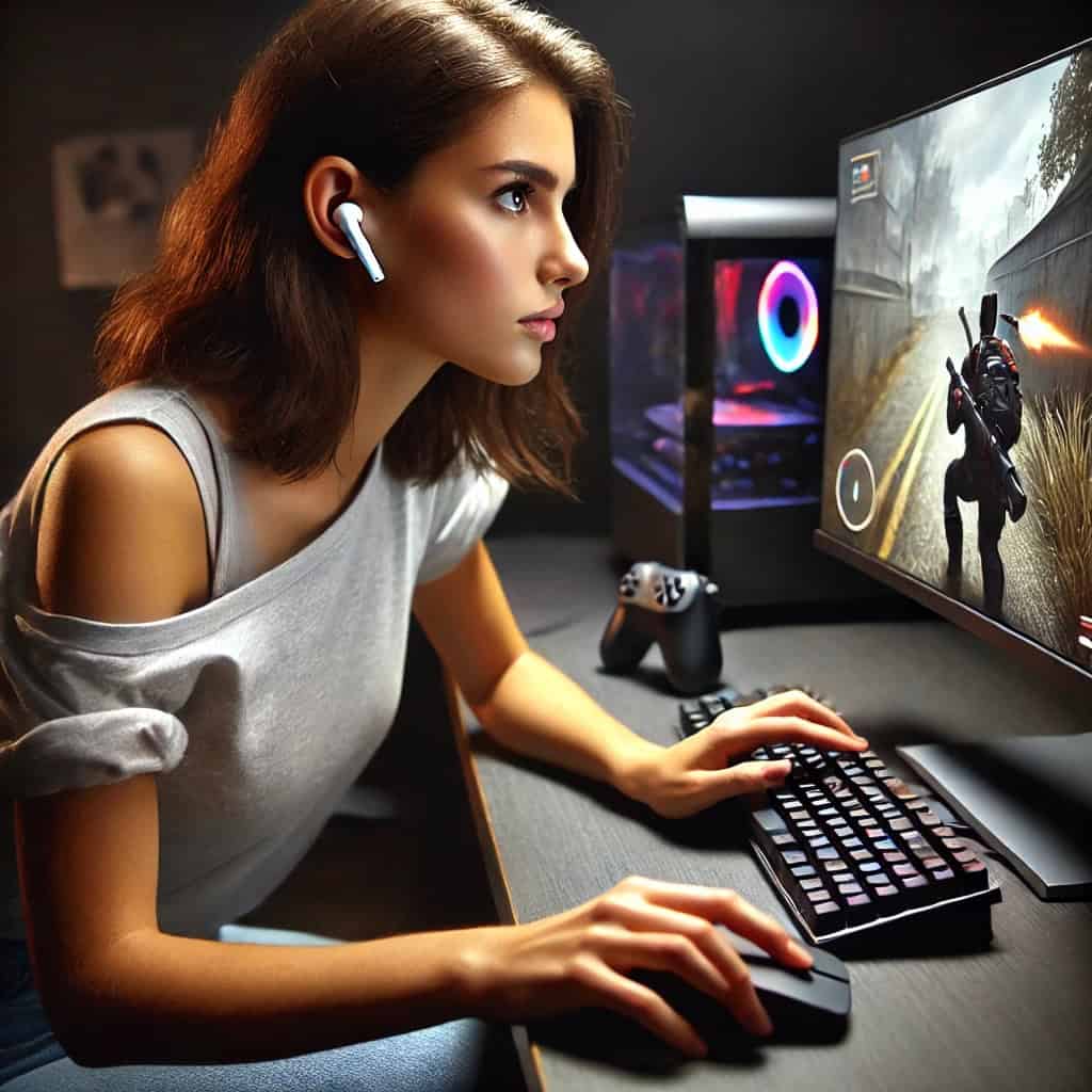 najlepsze słuchawki gamingowe dokanałowe w uszach graczki przed komputerem
