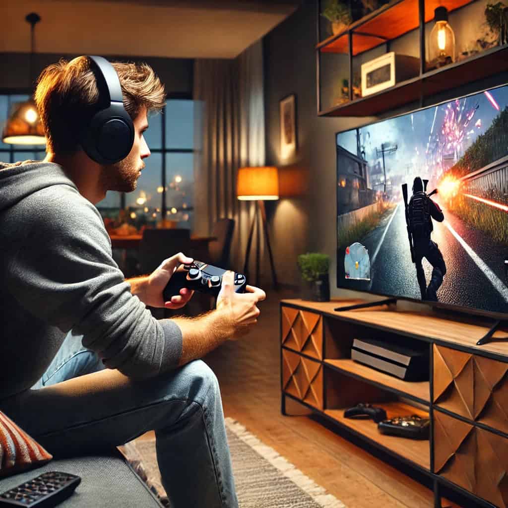 najlepsze słuchawki gamingowe do 300 zł na głowie mężczyzny grającego na konsoli
