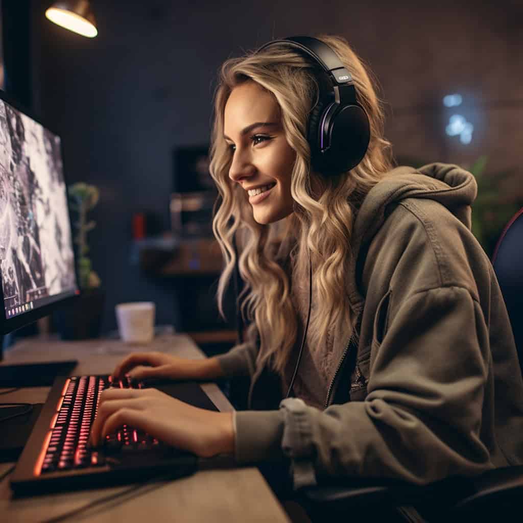 najlepsze słuchawki gamingowe przewodowe - przykładowy model na głowie kobiety grającej na komputerze