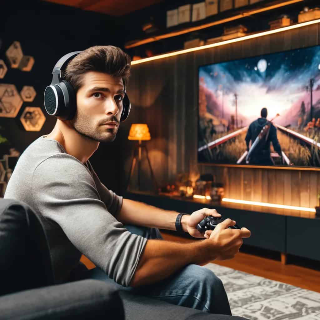 najlepsze słuchawki gamingowe - przykładowy model na głowie mężczyzny grającego na PlayStation