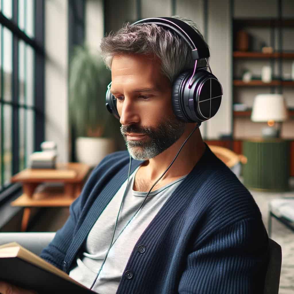 najlepsze słuchawki przewodowe do 1000 zł na głowie mężczyzny czytającego ksiażkę
