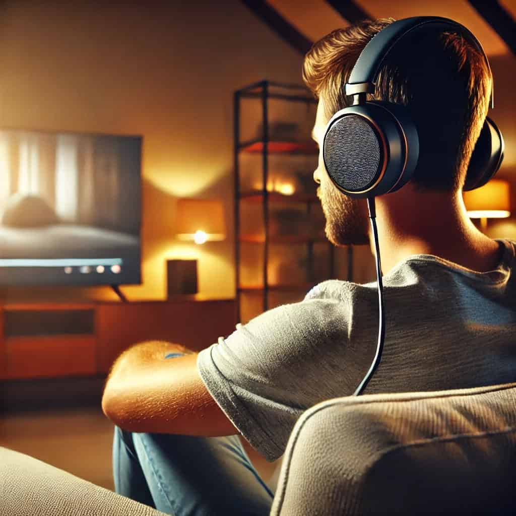 najlepsze słuchawki przewodowe do telewizora na uszach mężczyzny