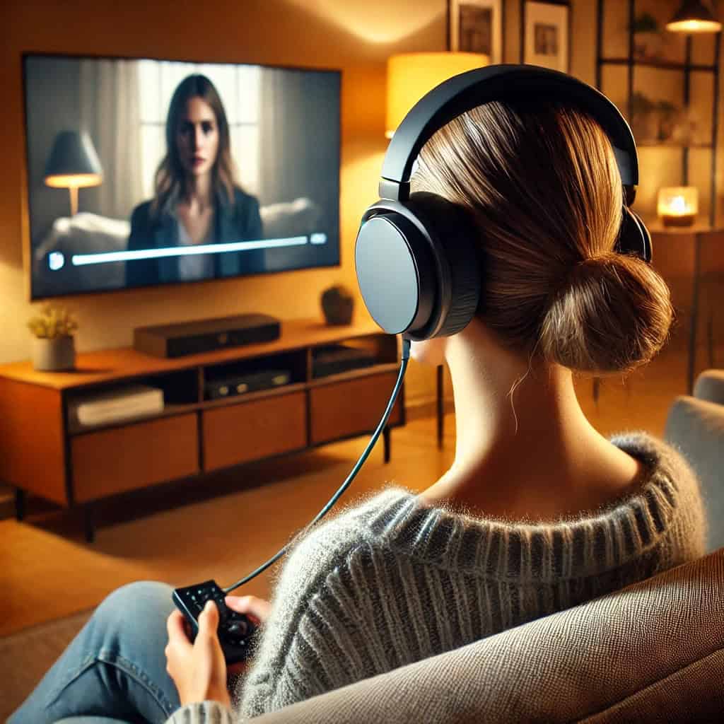 najlepsze słuchawki przewodowe do tv na uszach kobiety oglądającej serial