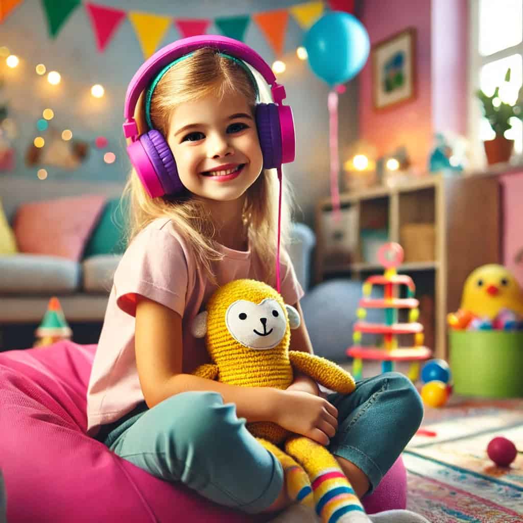 najlepsze słuchawki przewodowe dla dzieci na głowie dziewczynki siedzącej na poduszce z misiem