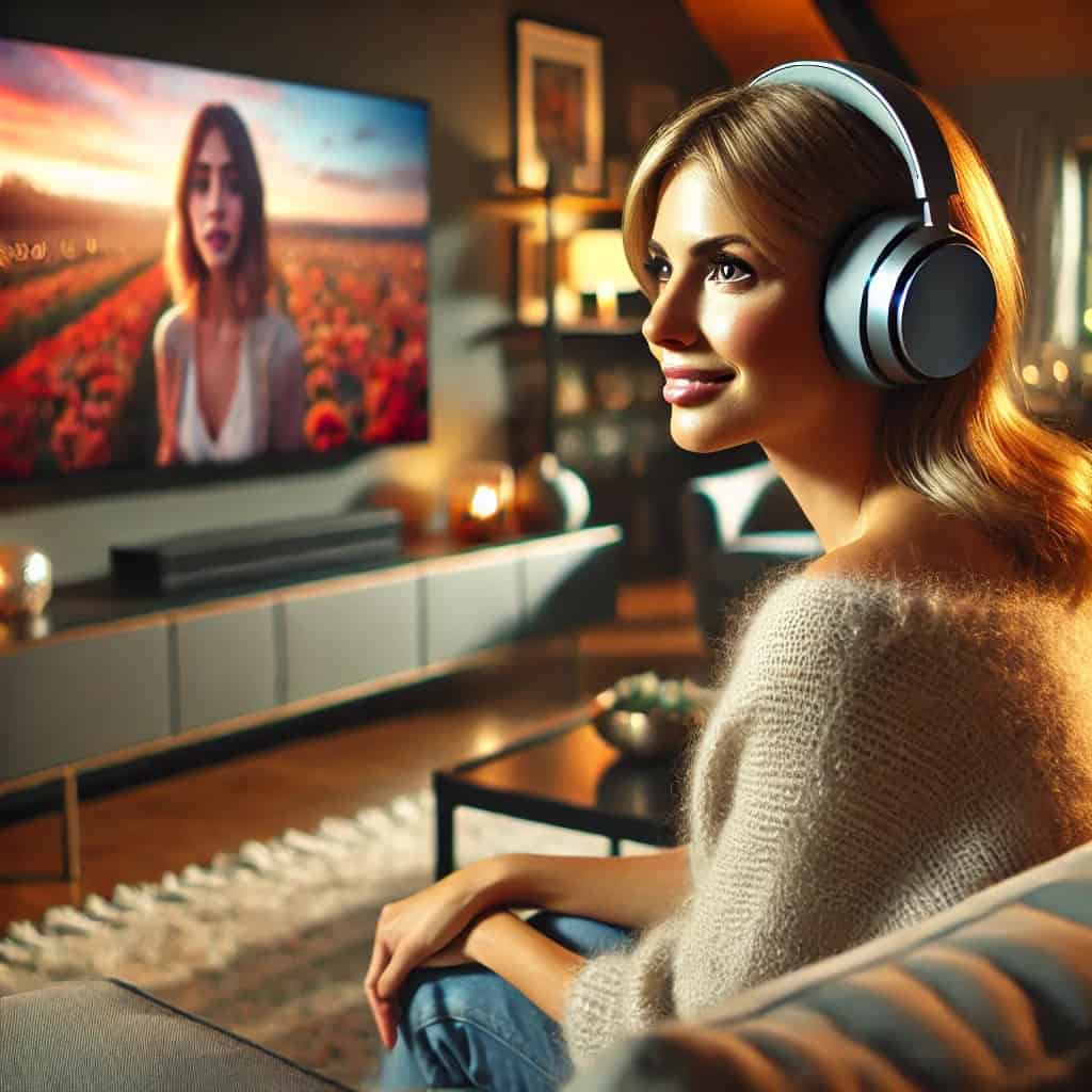 najlepsze słuchawki radiowe do telewizora na głowie kobiety, która siedzi na sofie oglądając film