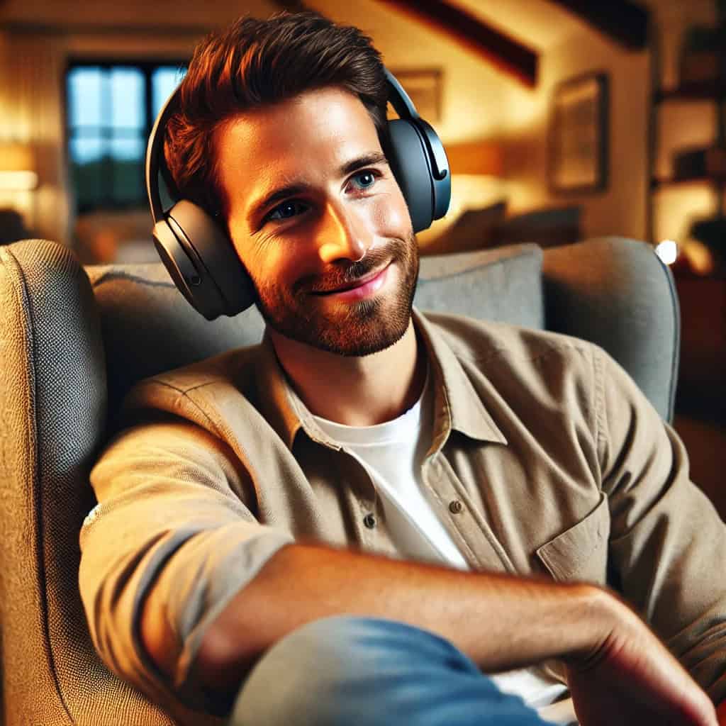 najlepsze słuchawki radiowe ranking - przykładowy model bezprzewodowy nauszny na głowie mężczyzny, który siedzi na fotelu oglądając film w TV