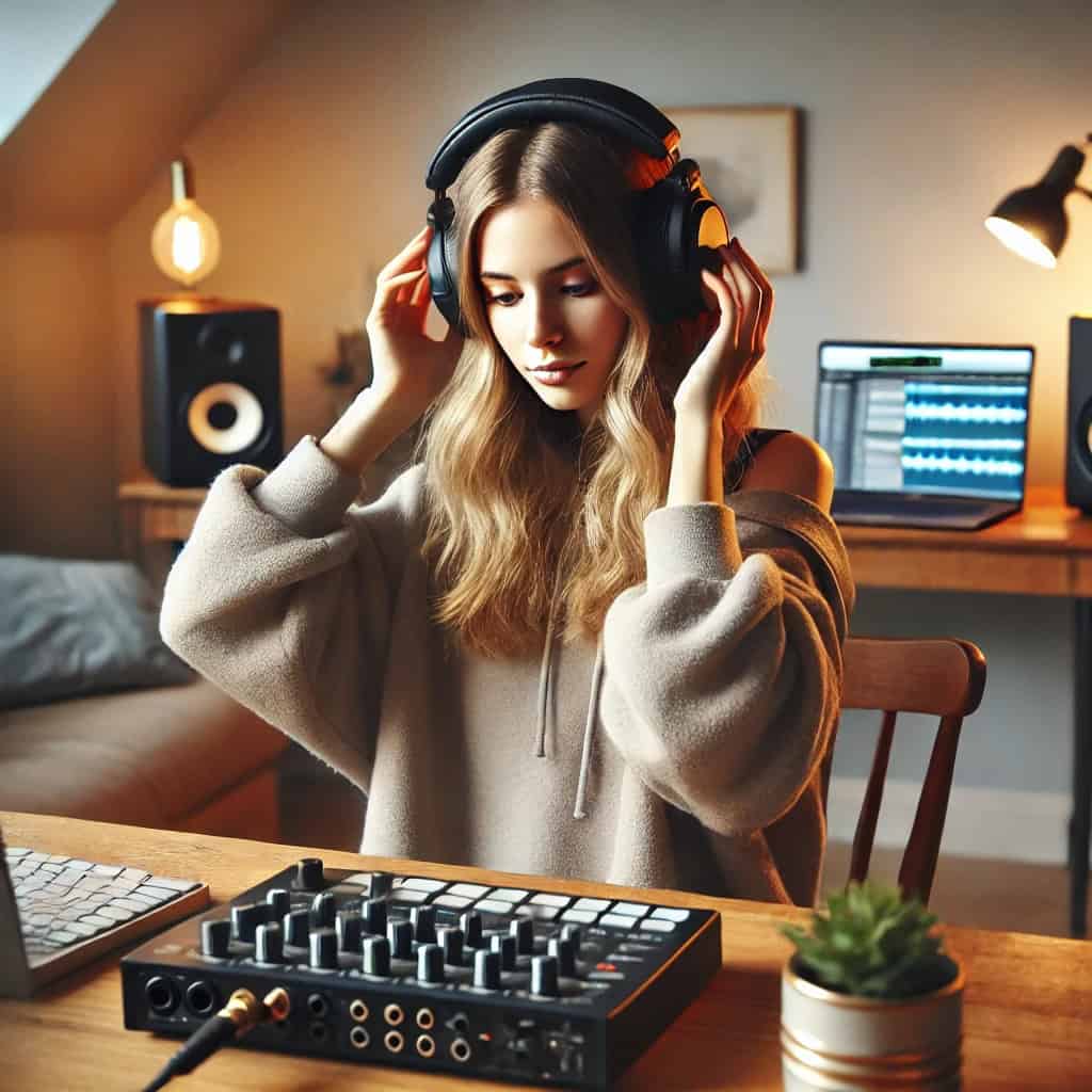 najlepsze słuchawki studyjne do 100 zł na uszach kobiety siedzącej przed konsolą mikserską