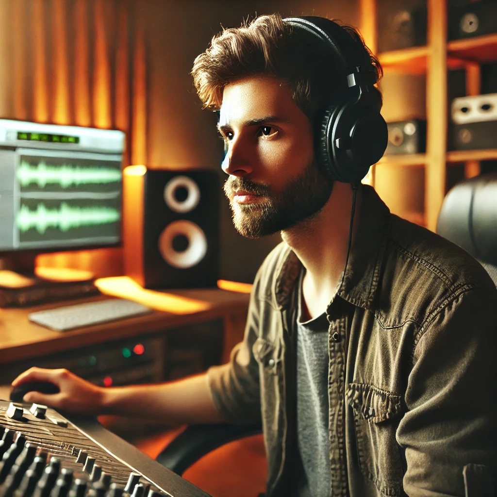 najlepsze słuchawki studyjne do 200 zł na głowie mężczyzny w domowym studio nagrań