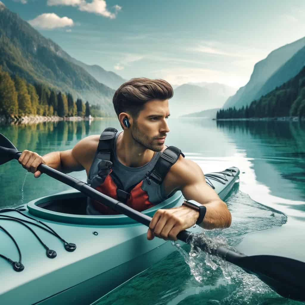najlepsze słuchawki sportowe - mężczyzna płynący kajakiem