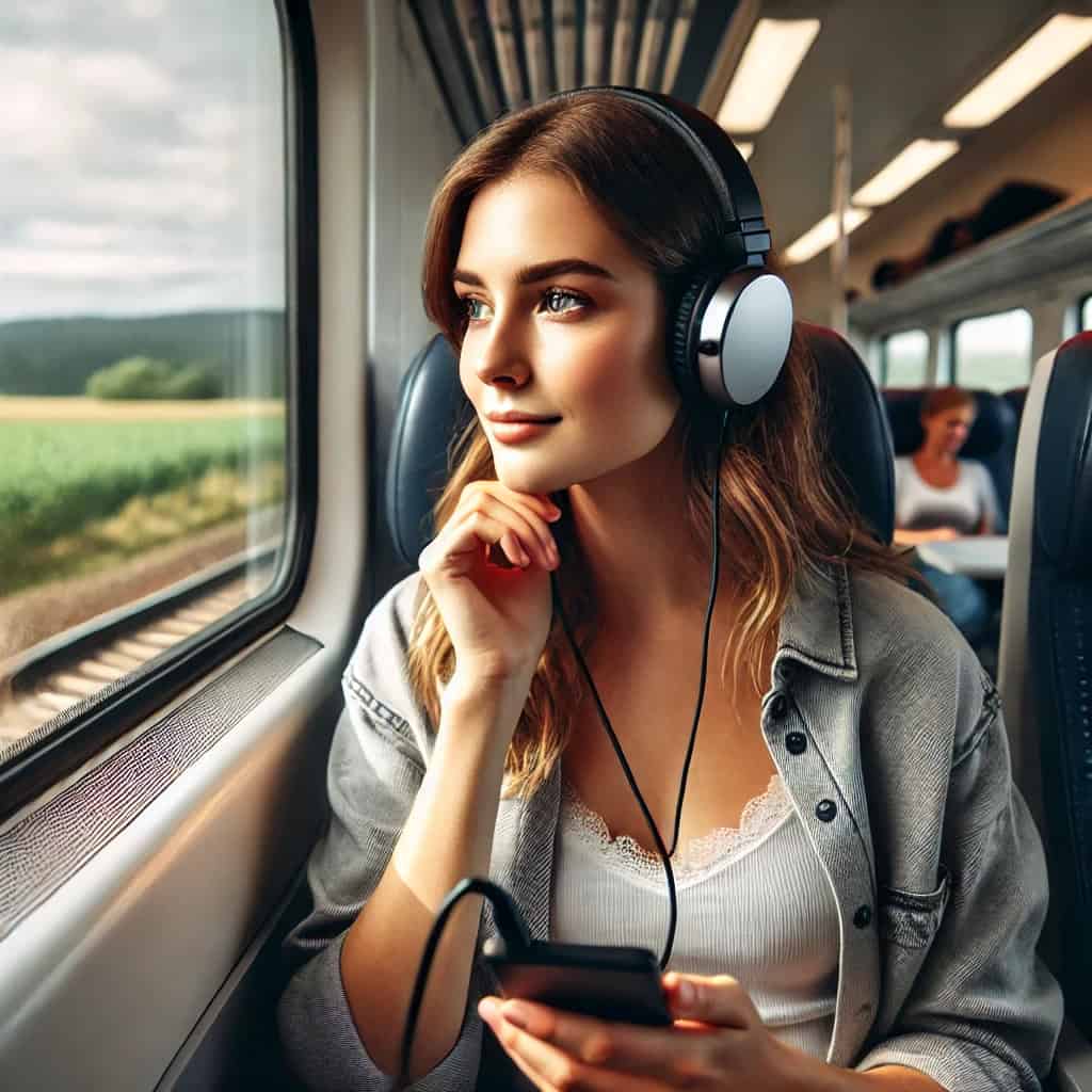 najlepsze słuchawki usb c na uszach kobiety podróżującej pociągiem