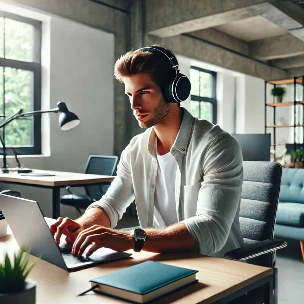 najlepsze słuchawki wygłuszające do pracy w biurze - przykładowy model na głowie mężczyzny pracującego przy komputerze