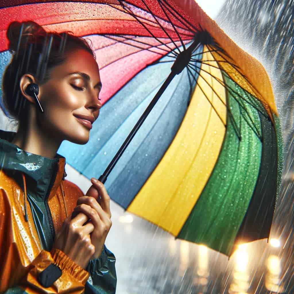 najlepsze słuchawki wodoodporne - kobieta z parasolem, słuchająca muzyki w deszczu przez model dokanałowy