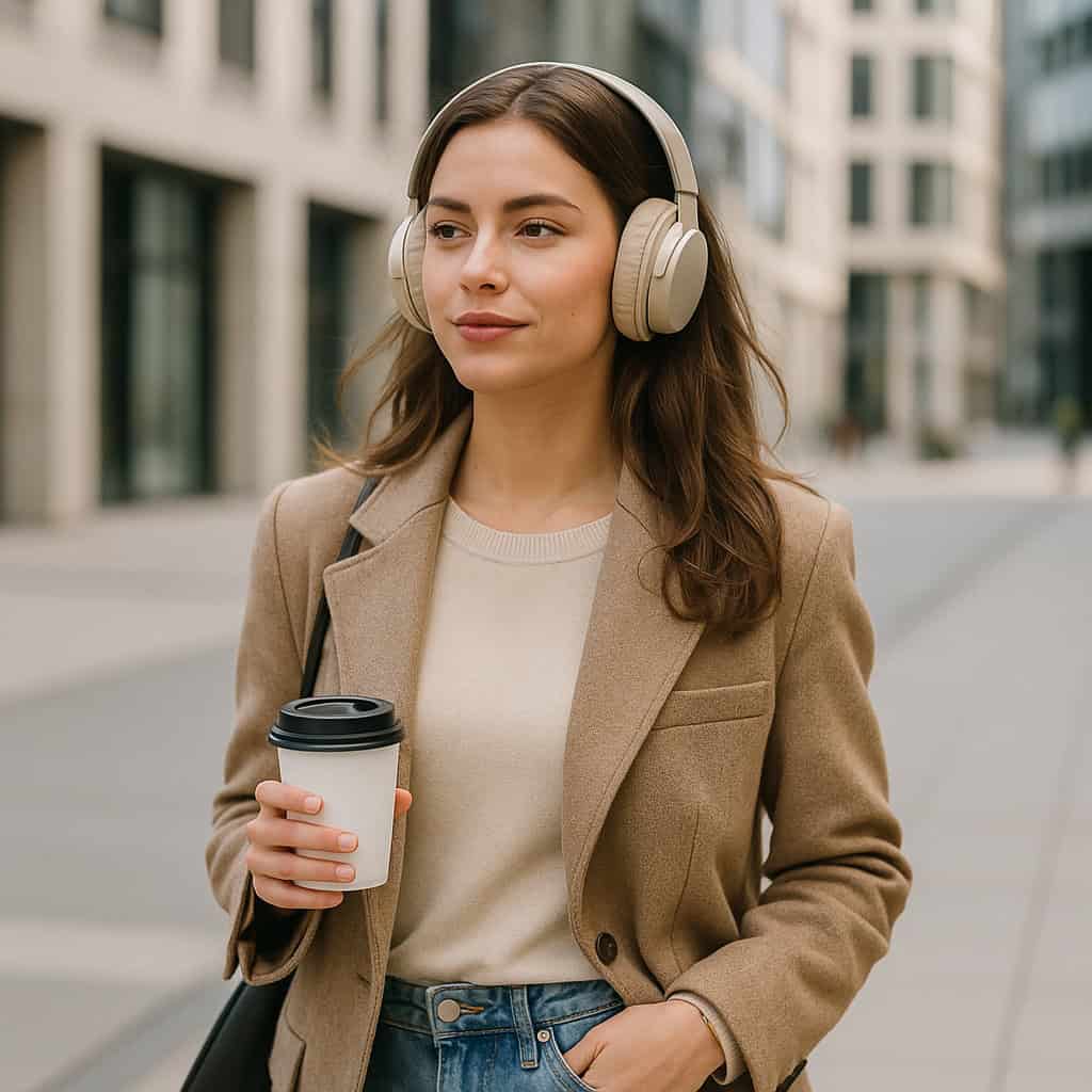 najlepsze słuchawki wokółuszne do 300 zł na głowie kobiet, który idzie chodnikiem z kubkiem kawy w ręce