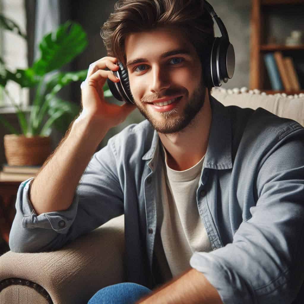 najlepsze słuchawki z dobrym basem - uśmiechnięty mężczyzna siedzi na fotelu, słuchając muzyki
