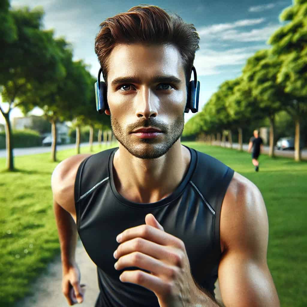 najlepsze słuchawki z odtwarzaczem mp3 - przykładowy model na głowie biegacza