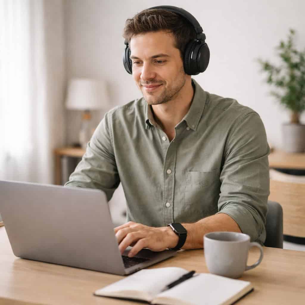 najlepsze słuchawki zamknięte z mikrofonem na uszach mężczyzny przed komputerem
