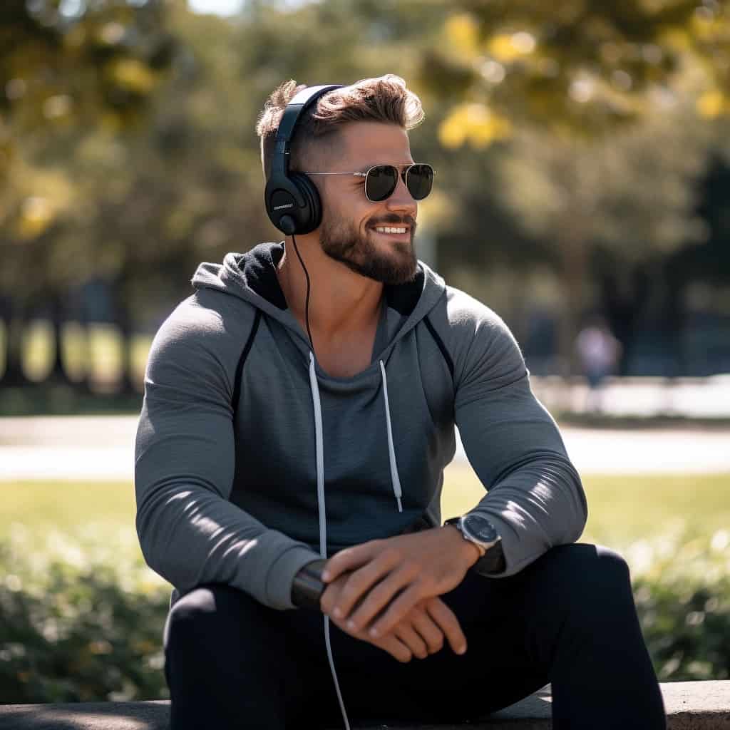 najlepsze słuchawki zamknięte - design ma znaczenie, stylowy model na głowie mężczyzny siedzącego w parku