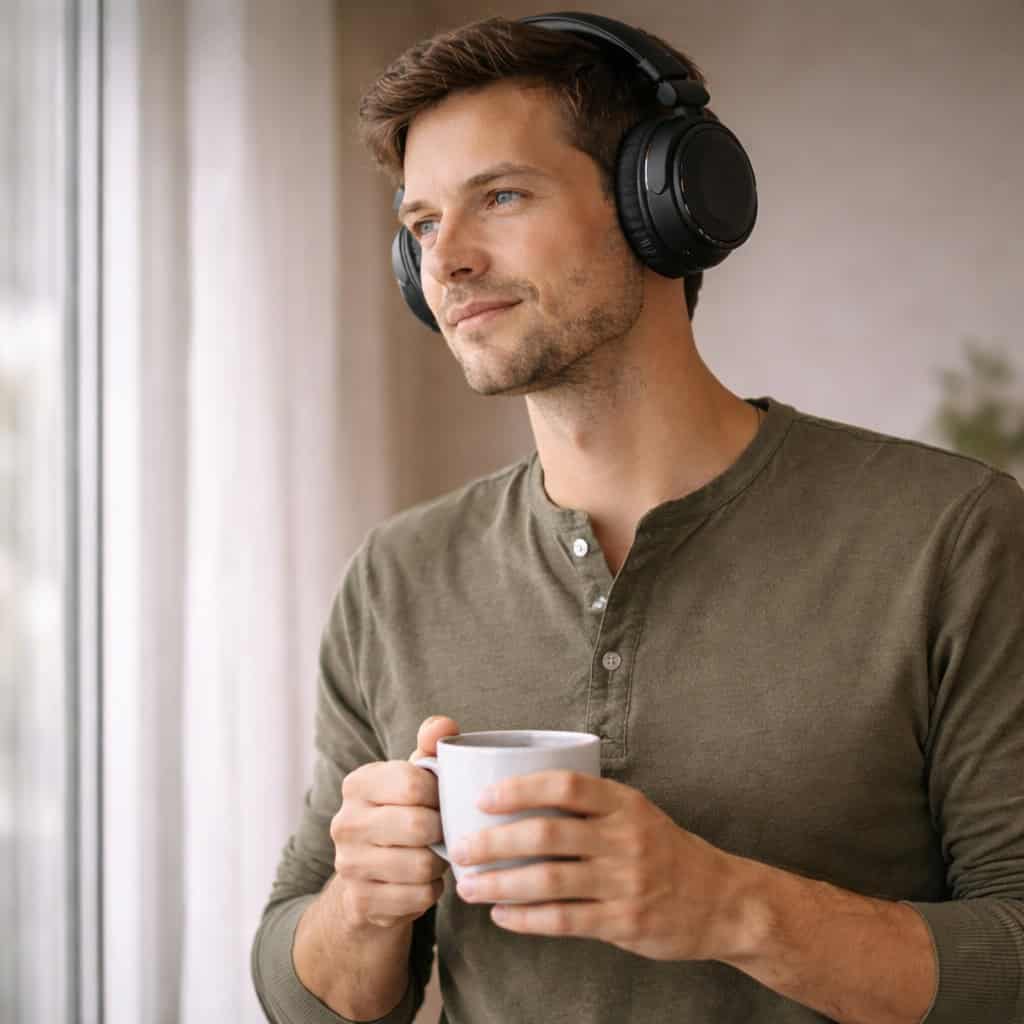 najlepsze słuchawki zamknięte - ranking uśmiechnięty mężczyzna wyglądający przez okno