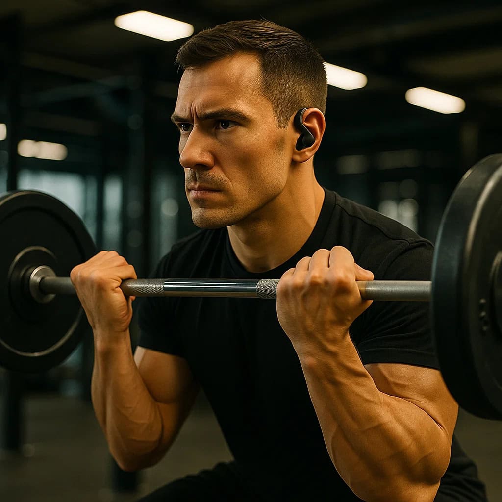najlepsze słuchawki zauszne bezprzewodowe na uszach mężczyzny dźwigającego sztangę w siłowni