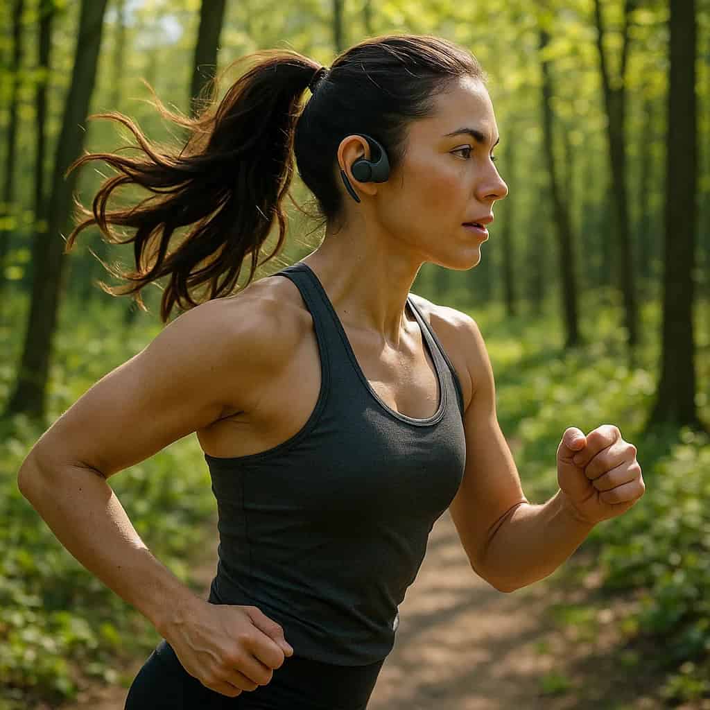 najlepsze słuchawki zauszne na uszach kobiety, która biegnie ścieżką w lesie