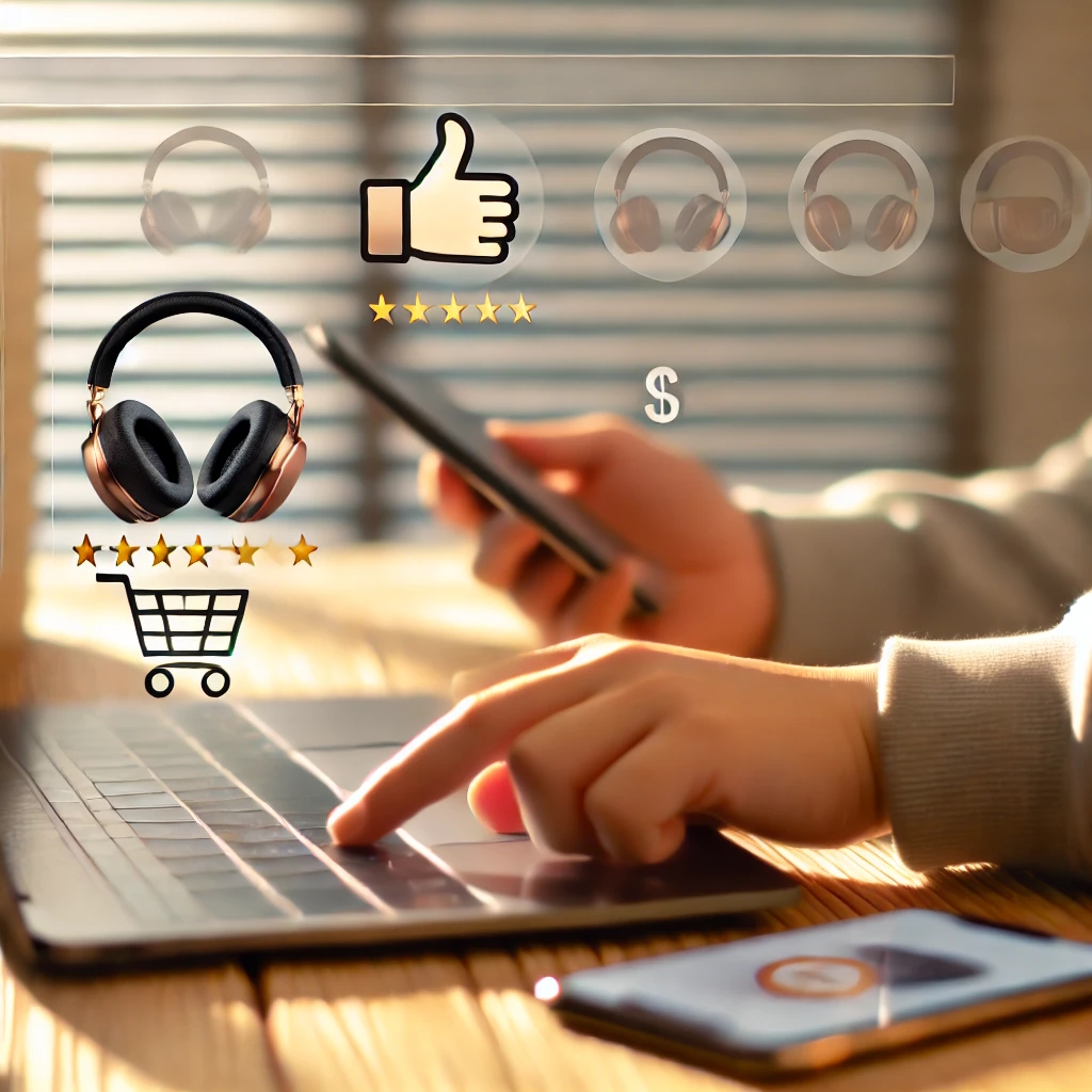 najlepsze tanie słuchawki - mężczyzna dokonujący zakupu za pomocą laptopa