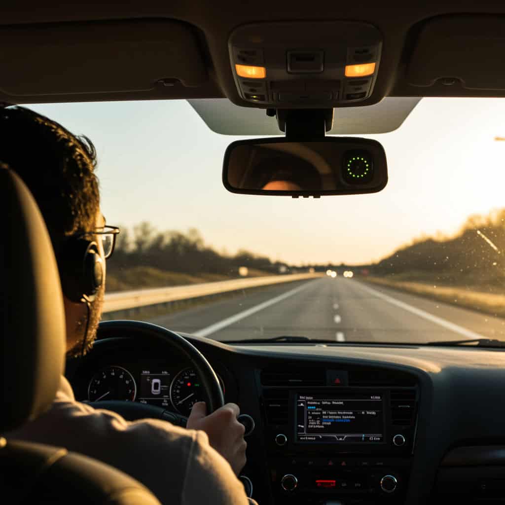 najlepsze zestawy głośnomówiące do samochodu - przykładowy model zamontowany na desce rozdzielczej, mężczyzna prowadzi auto