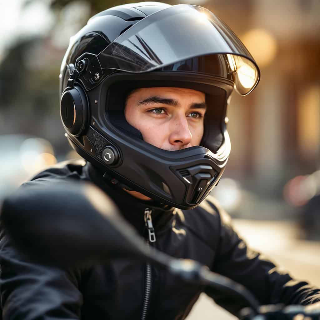 najlepszy interkom motocyklowy na kasku mężczyzny siedzącego na zaparkowanej maszynie
