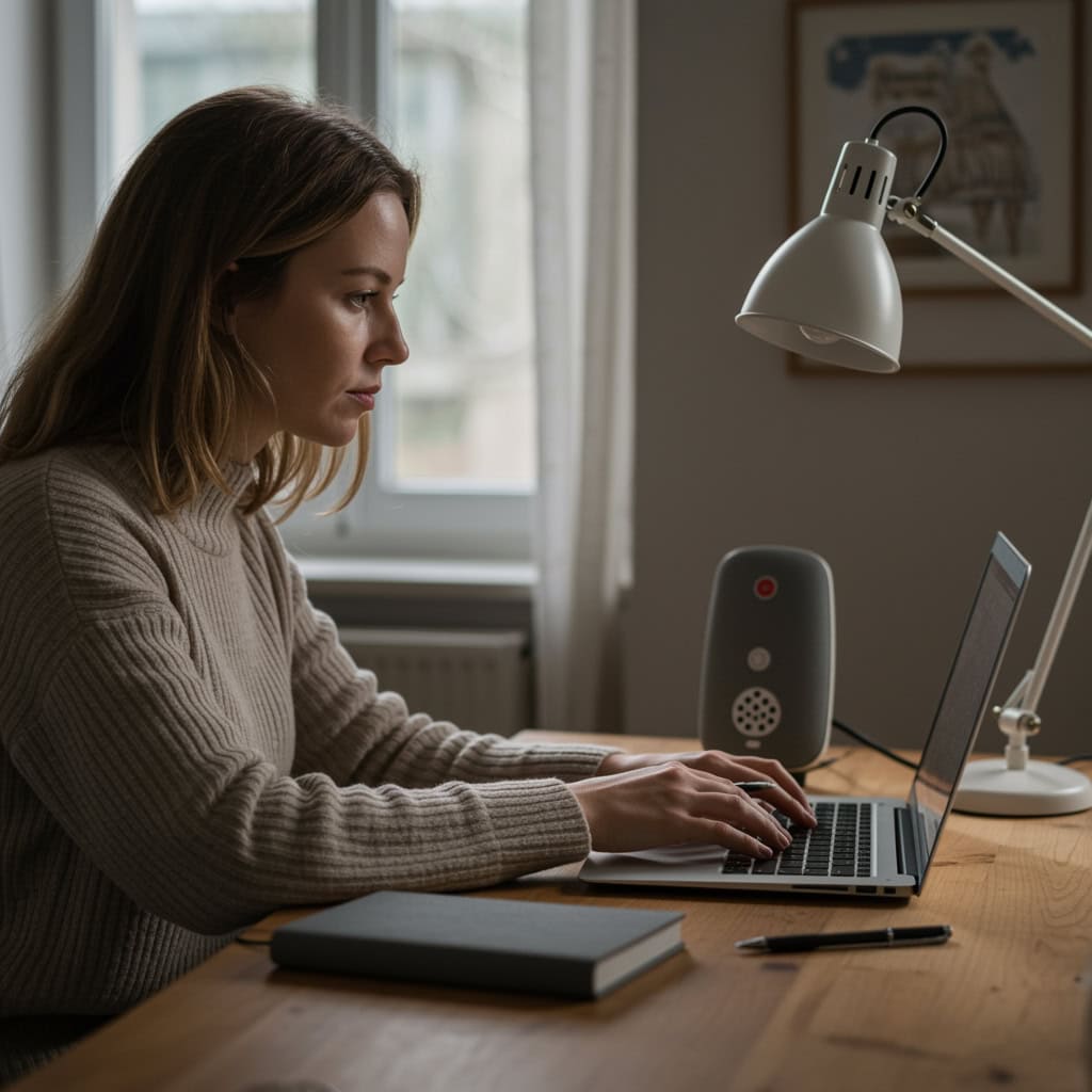 najlepszy zestaw głośnomówiący do komputera - kobieta prowadzi rozmowę, pracując na laptopie