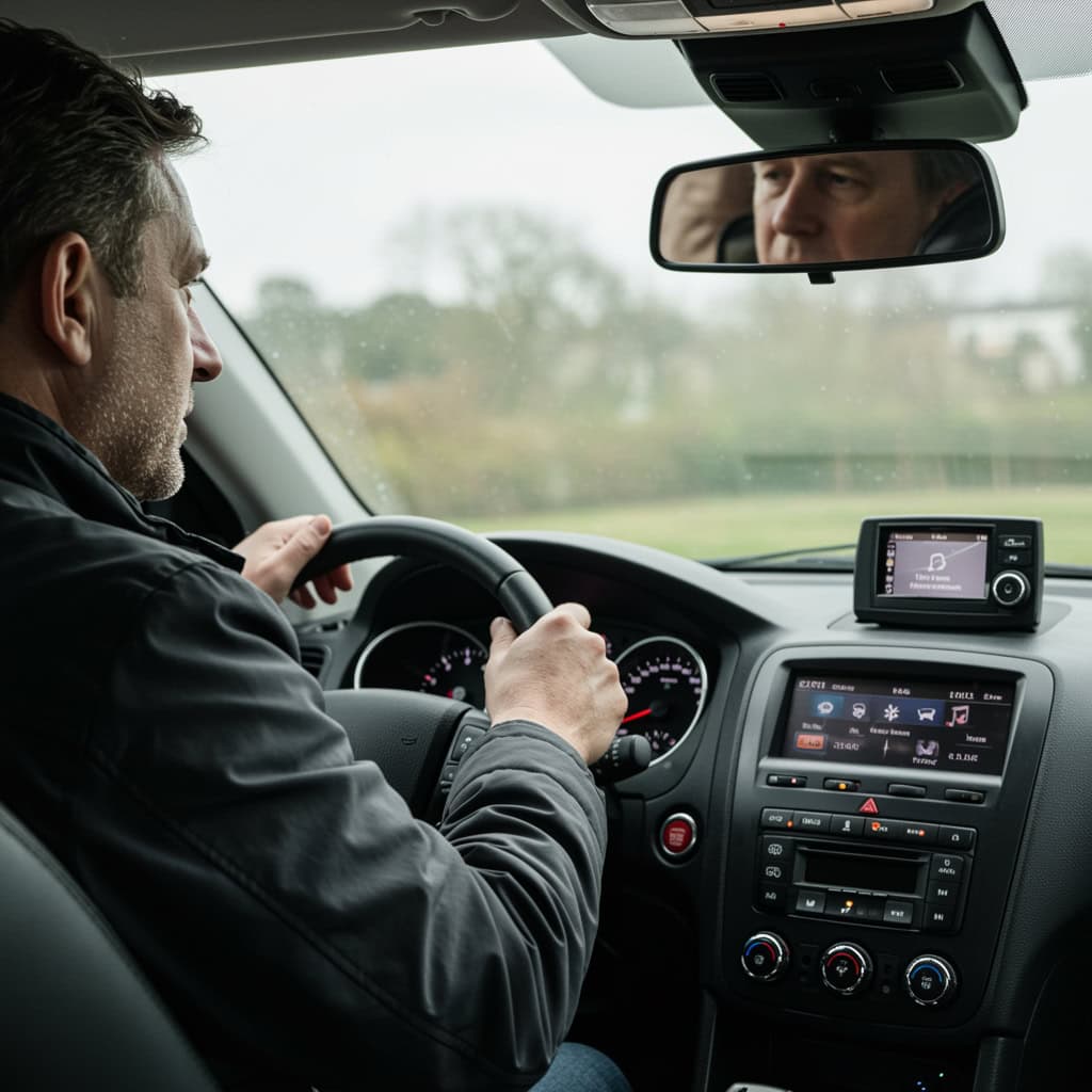 najlepszy zestaw głośnomówiący do samochodu zamontowany na desce rozdzielczej w aucie - mężczyzna jedzie autem, rozmawiając