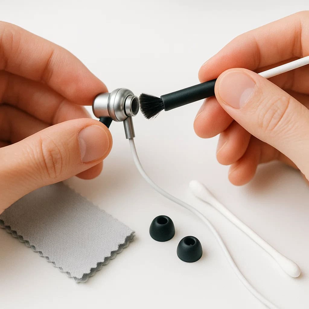 narzędzia do czyszczenia - ręce czyszczące słuchawki douszne za pomocą szczoteczki i patyczka higienicznego