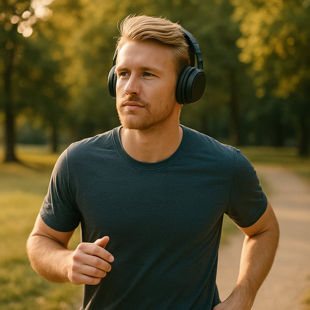 nauszne słuchawki do biegania na głowie mężczyzny uprawiającego jogging w parku