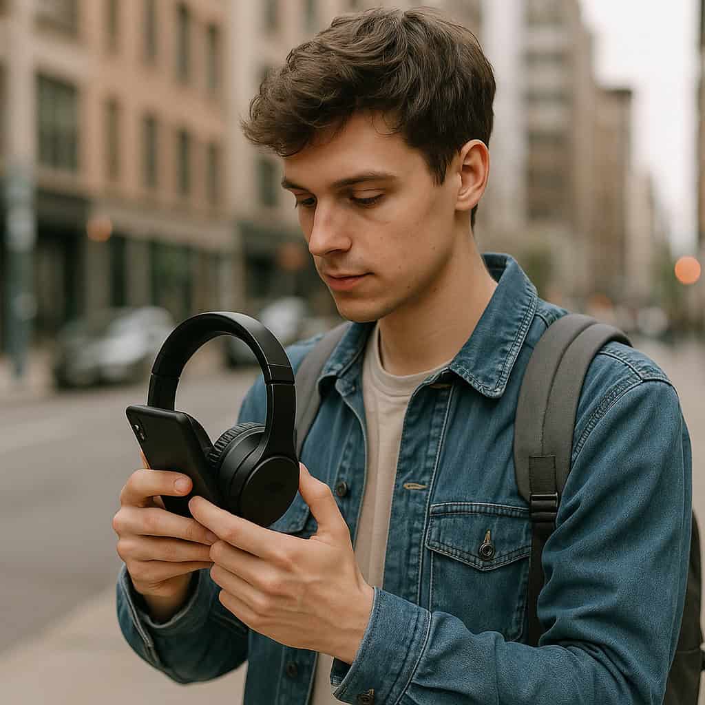 nfc słuchawki co to jest - mężczyzna z plecakiem stoi na chodniku trzymając w ręku telefon i słuchawki nauszne
